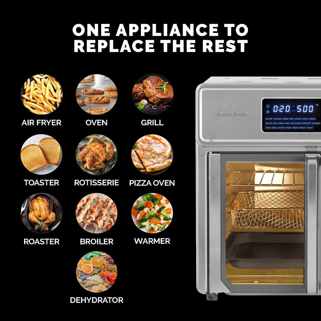 Kalorik MAXX Air Fryer Oven, 26 Quart 10-in-1 Countertop Toaster Oven & Air Fryer Combo - Fry, Bake, Roast, Rotisserie, & More, Large Glass French