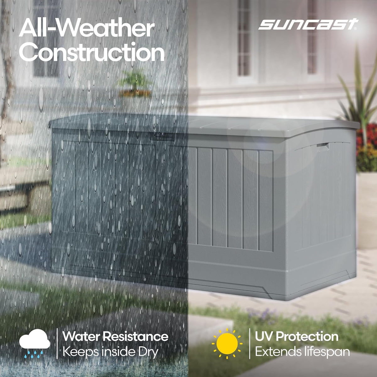 Suncast 200-gal. All-Weather Patio Deck Box, Made in the USA, with Pad-Lockable Lid, Extra-Large Outdoor Storage Unit for Patio Furniture and Grill