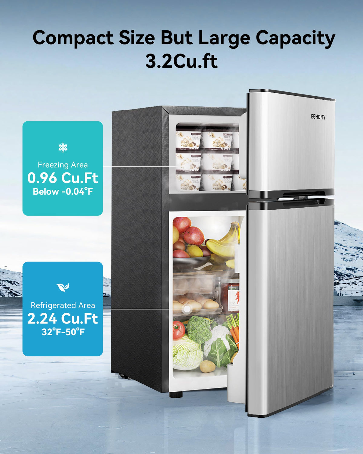 EUHOMY 3.2 Cu.Ft. Refrigerator with Freezer, 2 Door Fridge, Adjustable ThermostatLarge Capacity, Refrigerator for Kitchen/Dorm/Office/Apartment