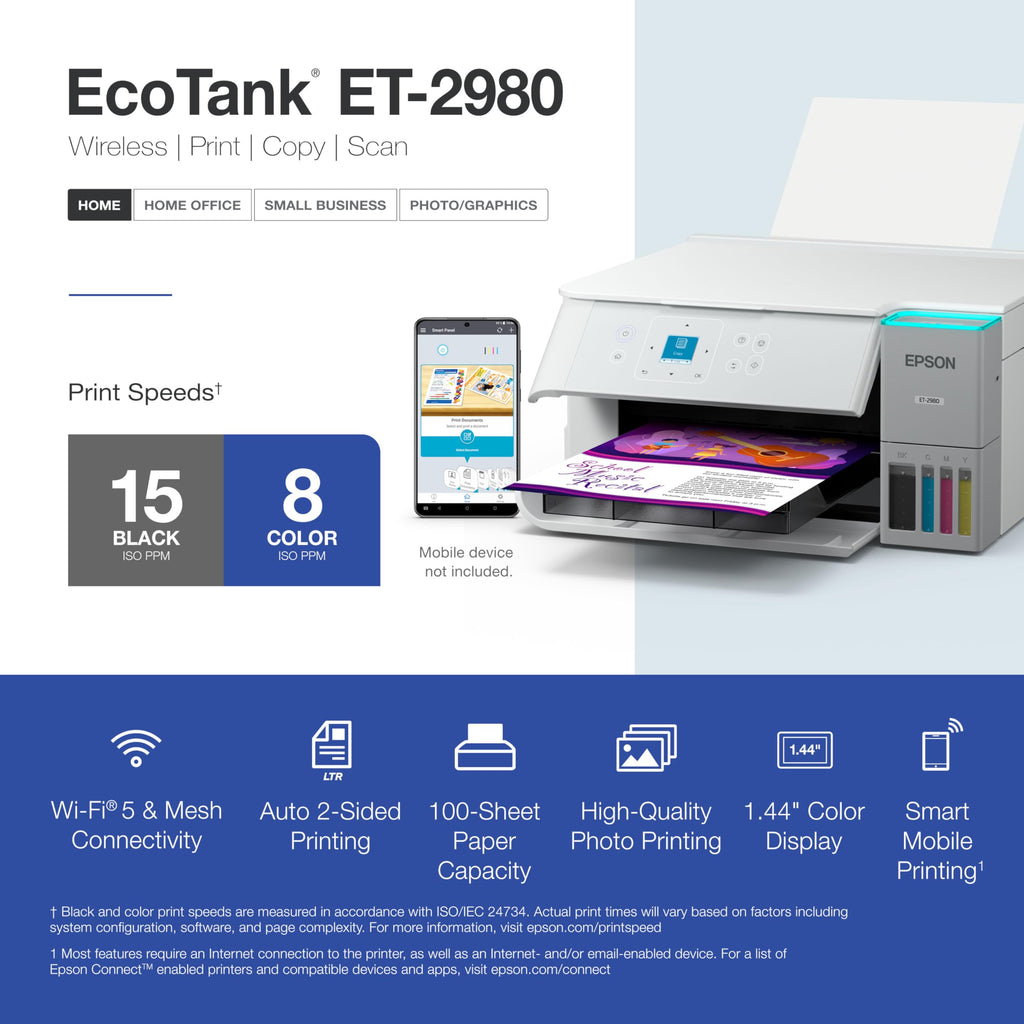 Epson EcoTank ET-2980 Wireless All-in-One Color Supertank Printer with up to 3 Years of Ink, Refillable Tanks, Perfect for Home, 15 PPM, 1.44" Color