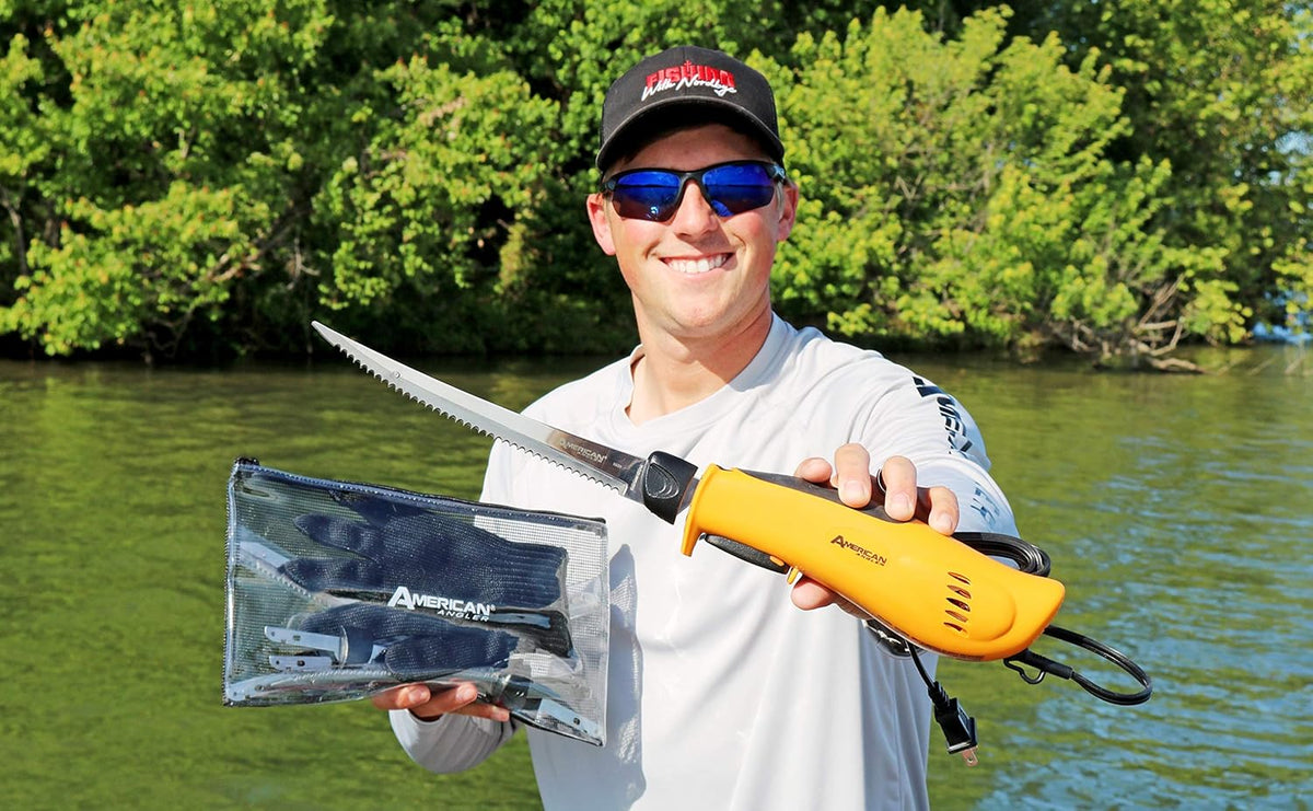 American Angler PRO Electric Fillet Knife Professional Grade Fisherman's Kit C Includes 5 Types of Stainless Steel Blades, Storage Pouch, and