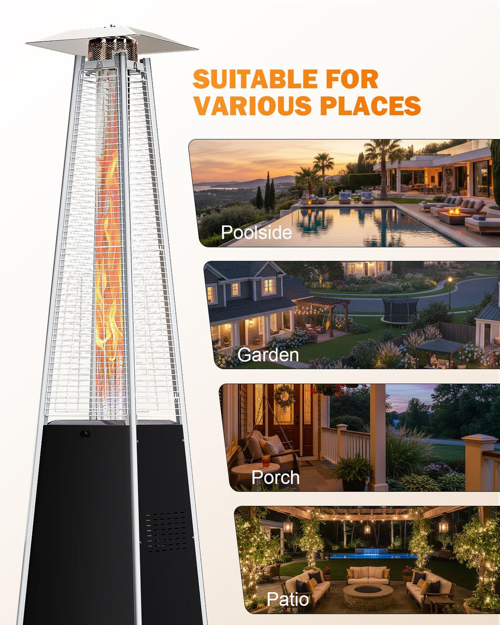 Pyramid Patio Heater, 48000 BTU Fast Heating Outdoor Heater for Large Spaces with Wheels & Weatherproof Cover, Triple Protection System for