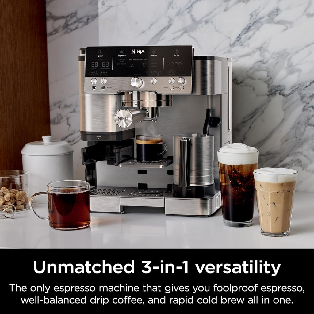 Ninja R-ES601 Luxe Caf Premier Series Espresso Machine, Drip Coffee, Cold Brew, Grinder, Tamper, Frother, Silver (Renewed)