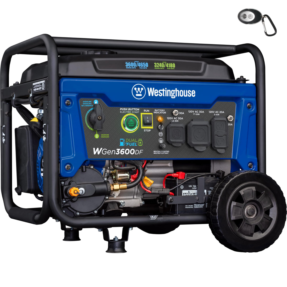 Westinghouse 4650 Peak Watt Dual Fuel Portable Generator, Remote Electric Start with Auto Choke, RV Ready 30A Outlet, Gas & Propane Powered