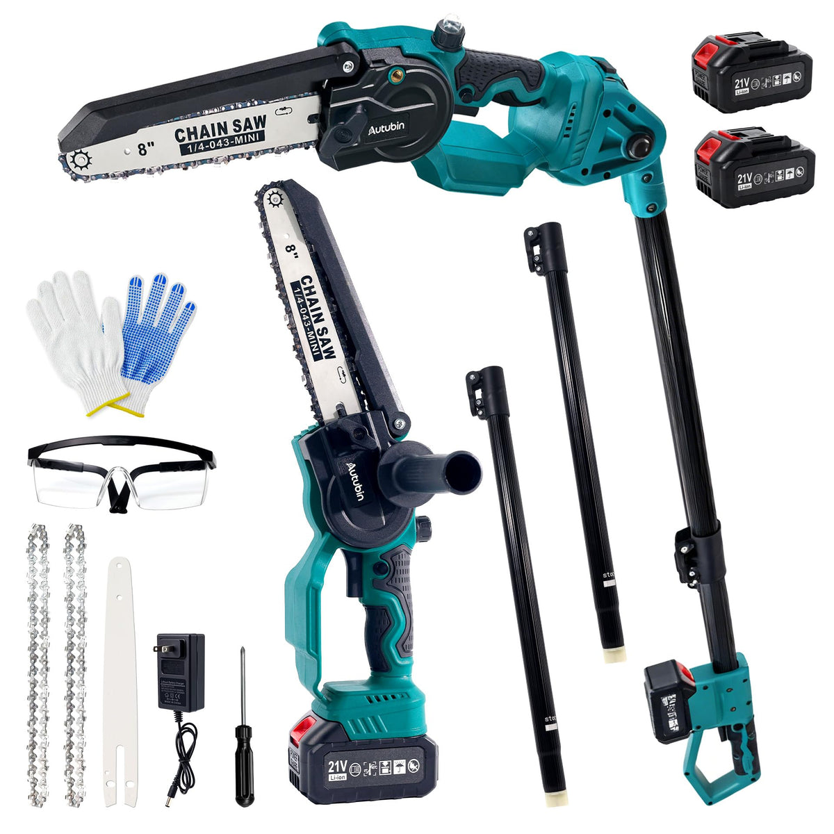 2-in-1 Cordless Pole Saw & 8'' Mini Chainsaw,Forest Ranger Approved Electric Handheld Chain Saw with 2 21V 4.0Ah Rechargeable Batterie&Charger, Auto