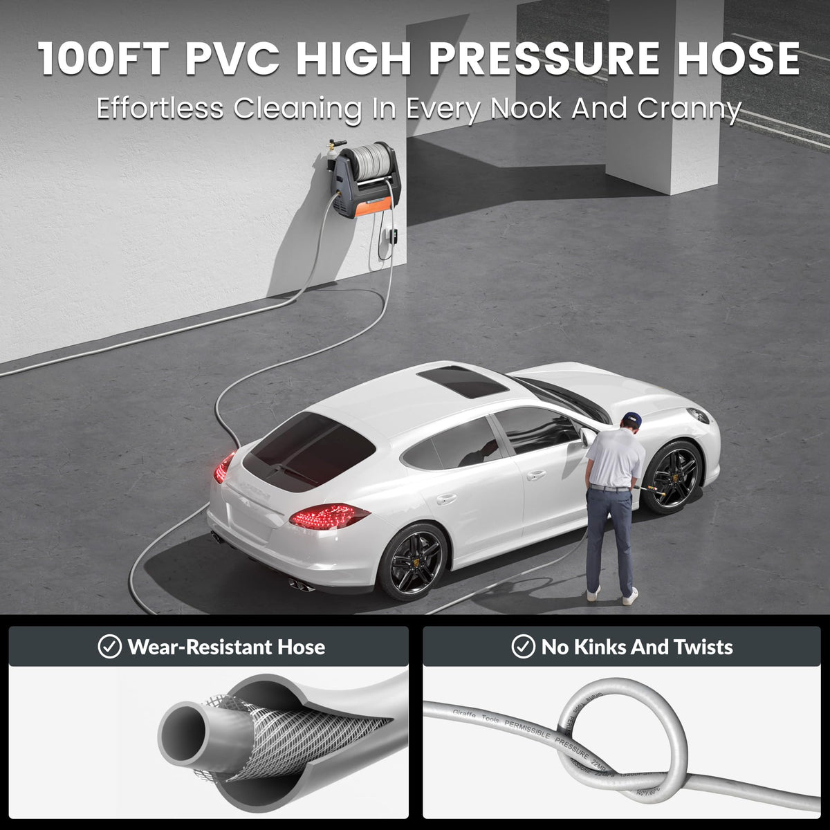 Giraffe Tools Grandfalls Retractable Wall Mount Pressure Washer Plus, Max 2900PSI 2.2 GPM, Electric Power Washer with 100ft Pressure Hose for Car