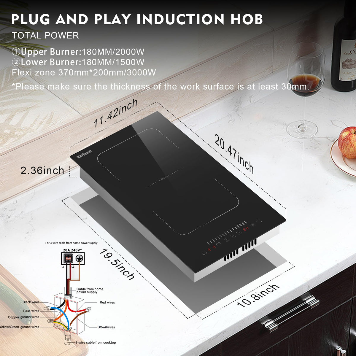Karinear 24 Inch Induction Cooktop 3 Burners, 6800W Built-in Induction Stovetop with Flex Zone,Child Safety Lock, Timer, Boost, Slider Control Black