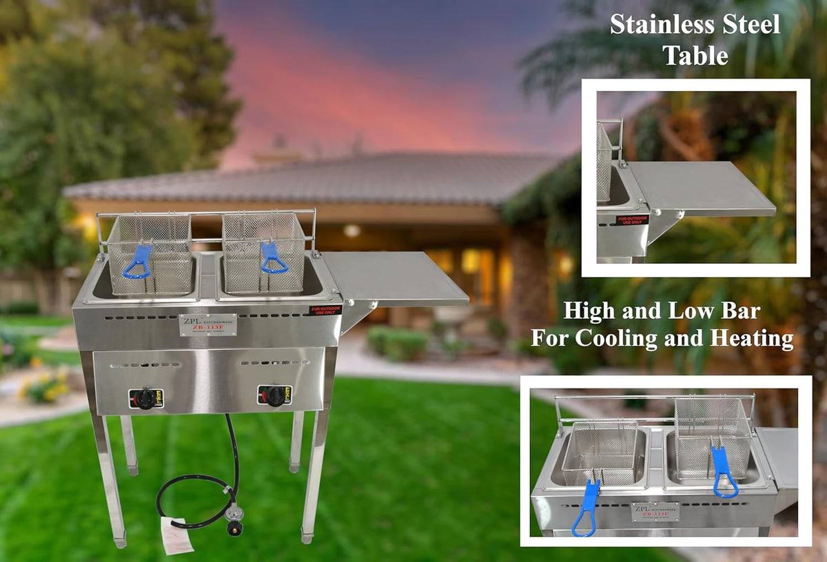 Deep Fryer C Propane Deep Fryer for Outdoor- 18 Qt Stainless Steel Commercial Quality Double Fryer with Baskets, Lids & Hose - Ideal for Frying Fish