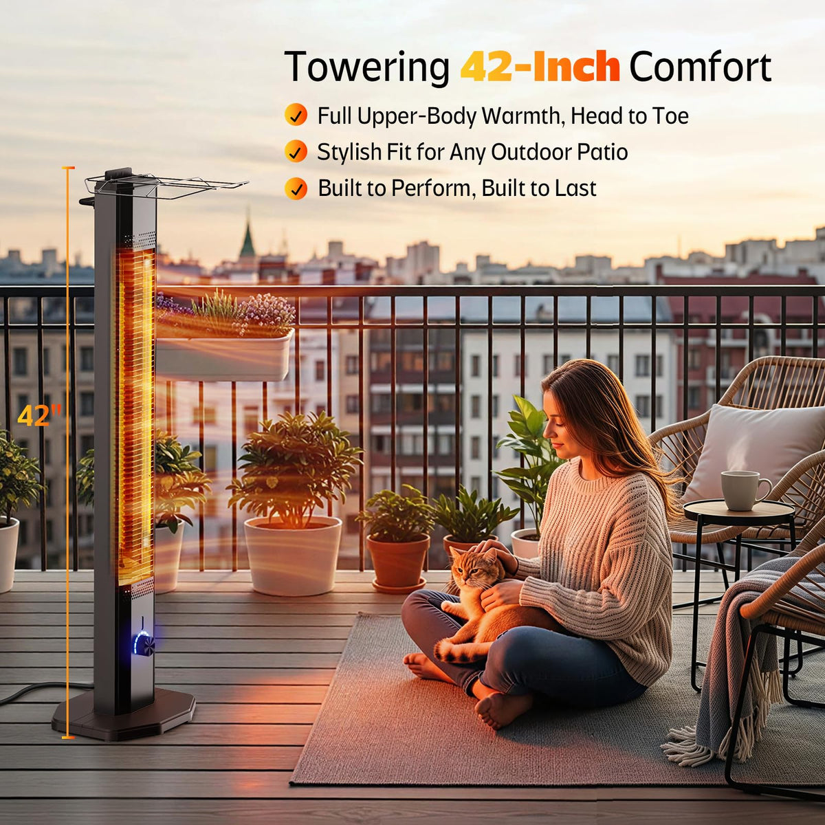Outdoor Electric Patio Heater, 42-inch 1500W Infrared Tower Heater with 9 Heat Settings & 9H Timer, IPX5 Waterproof, Safety Lock, Tip-Over & Overheat