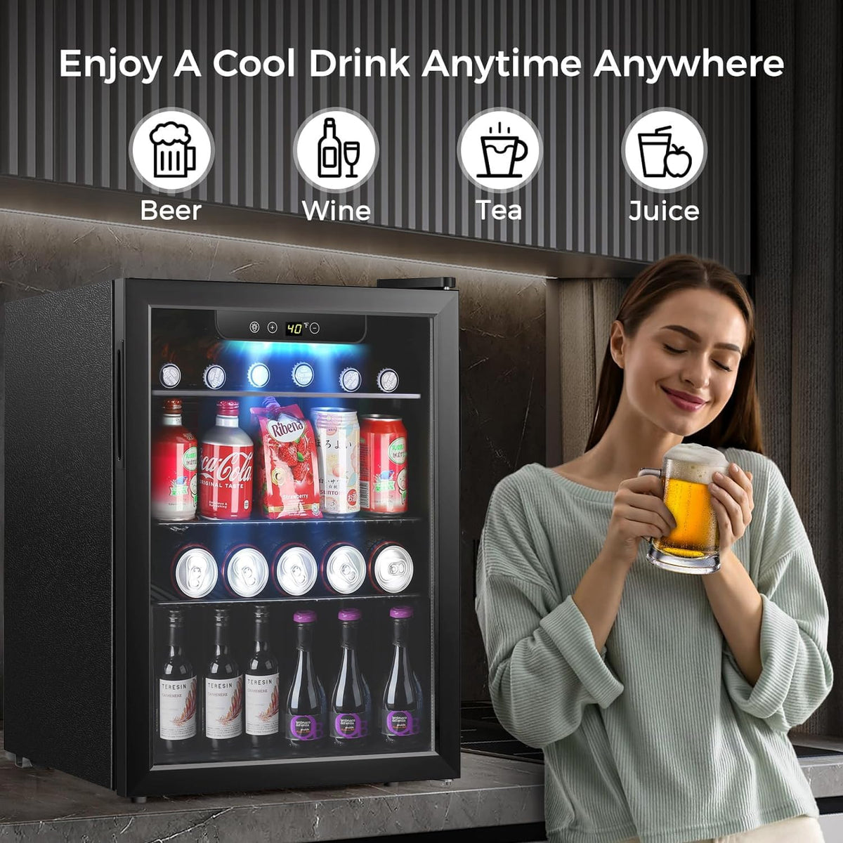 COWSAR 4.5 Cu.Ft Wine Fridge 37 Bottle, ETL Approved Freestanding Wine Cooler 145 Can Beverage Refrigerator with Stainless Steel Reversible Glass