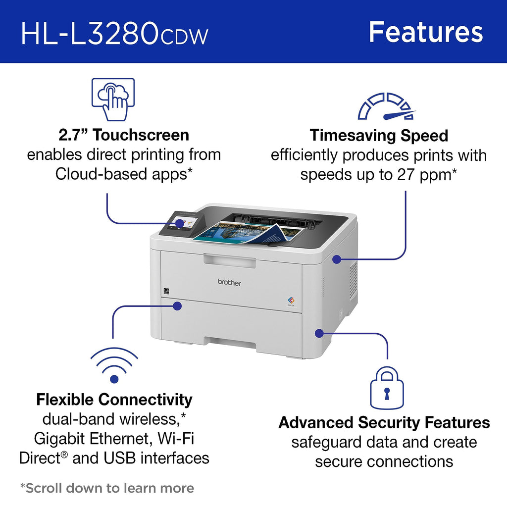 Brother HL-L3280CDW Wireless Compact Digital Color Printer with Laser Quality Output, Duplex, Mobile Printing & Ethernet | Includes 2 Month Refresh