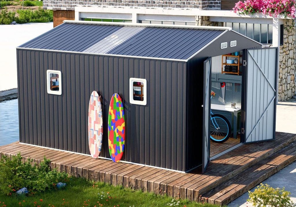 10x12 FT Metal Outdoor Storaged Shed with Floor Base Waterproof Heavy Duty Reinforced Frame with Unique Clear Roof Skyview Windows Air Vent for