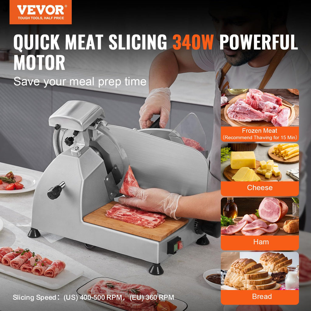 VEVOR Commercial Meat Slicer, 10 inch Electric Food Slicer, 240W Frozen Meat Deli Slicer, Premium Chromium-plated Steel Blade Semi-Auto Meat Slicer