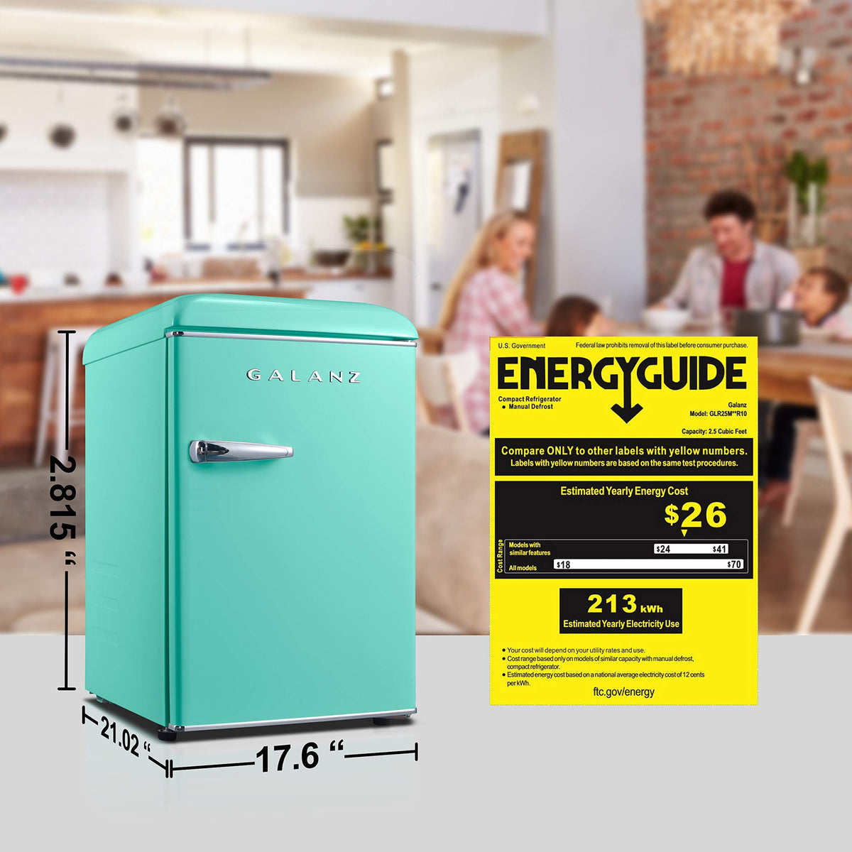 Galanz GLR25MBKR10 Retro Compact Refrigerator, Mini Fridge with Single Doors, Adjustable Mechanical Thermostat with Chiller, Black, 2.5 cu ft