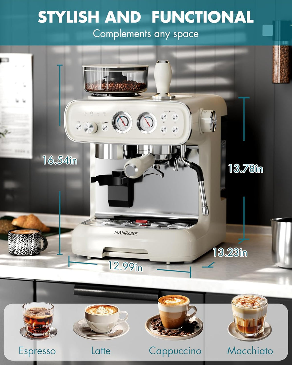 Espresso Machine With Grinder, 20 Bar Espresso Machine with Milk Frother Steam Wand, Espresso Machines for Home, Expresso Coffee Machines