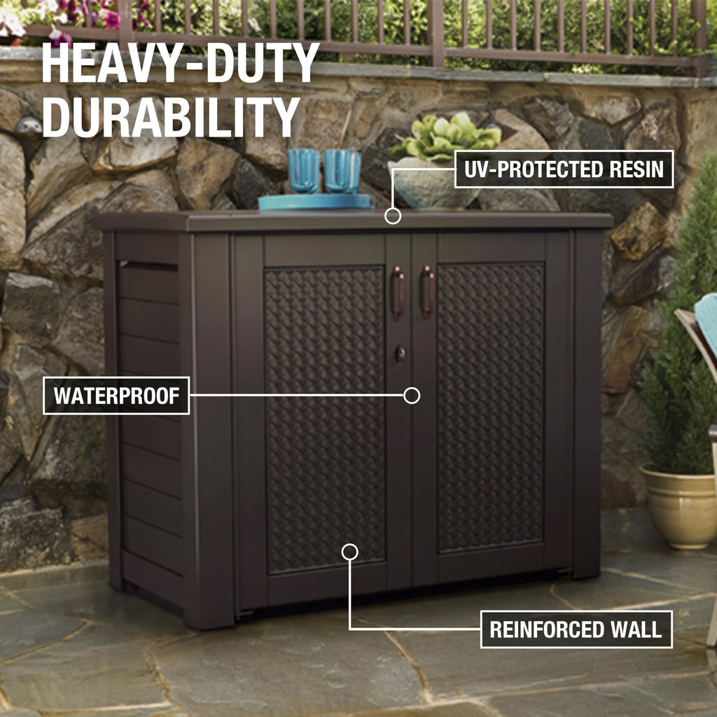 Rubbermaid Decorative Outdoor Storage Cabinet (123 Gal), Weather Resistant, Brown, Organization for Home/Backyard/Pool Chemicals/Toys/Garden Tools