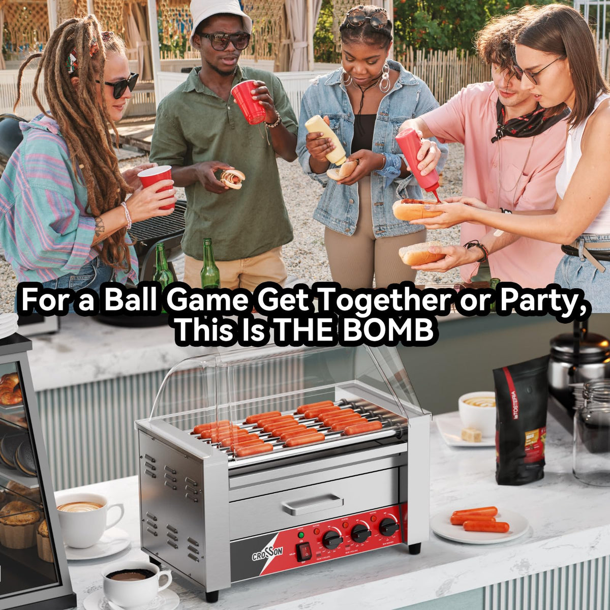 CROSSON 12 Hot Dog 5 Roller Grill Machine with Transparent Sneeze Guard,5 Nonstick 304SS Rollers Commercial Hot Dog Cooker Machine-120V, 750W