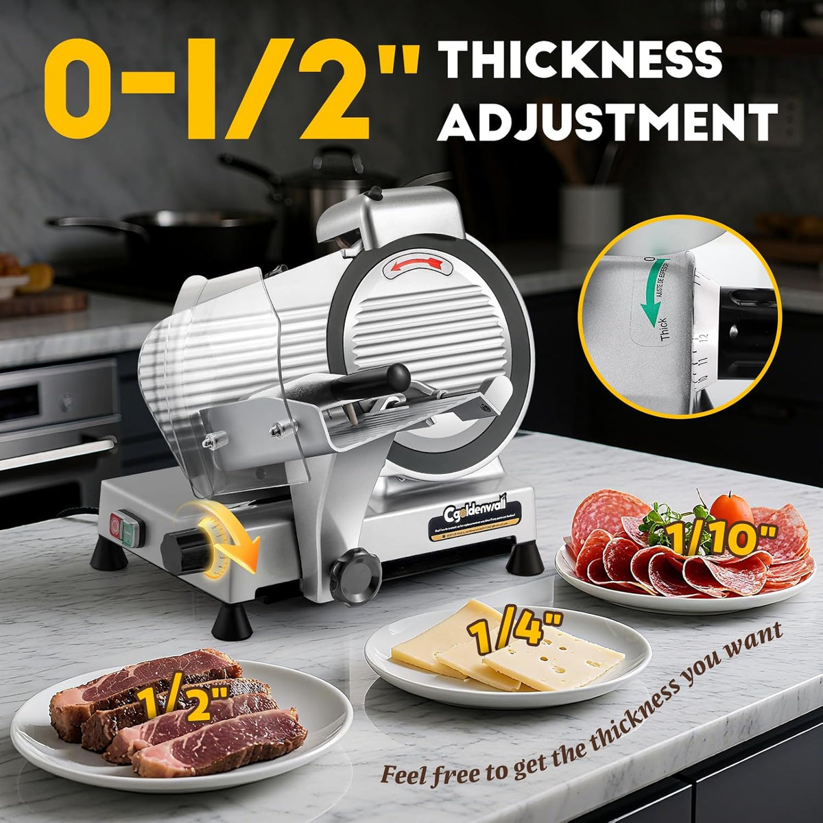 CGOLDENWALL Meat Slicer Machine, 10" 240W Electric Deli Meat Cheese Food Slicer, 0-1/2" Adjustable Thickness Semi-Auto Frozen Meat Slicer for Home &