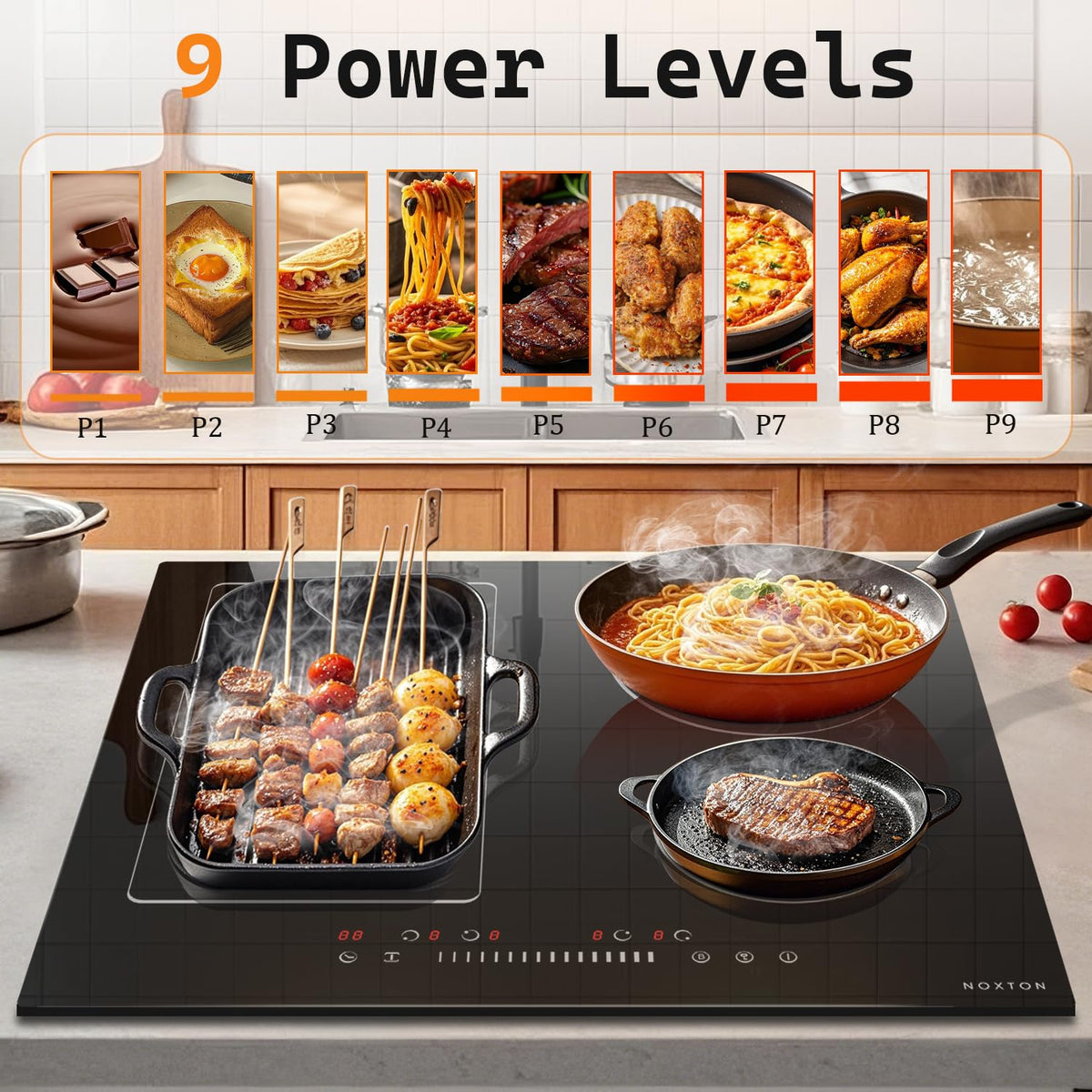 Noxton 24 Inch Induction Cooktop, 4 Burners Electric Cooktop, Upgraded Induction Stovetop with Flex Zone, Power Boost, Pause, 9 Power Levels, Child