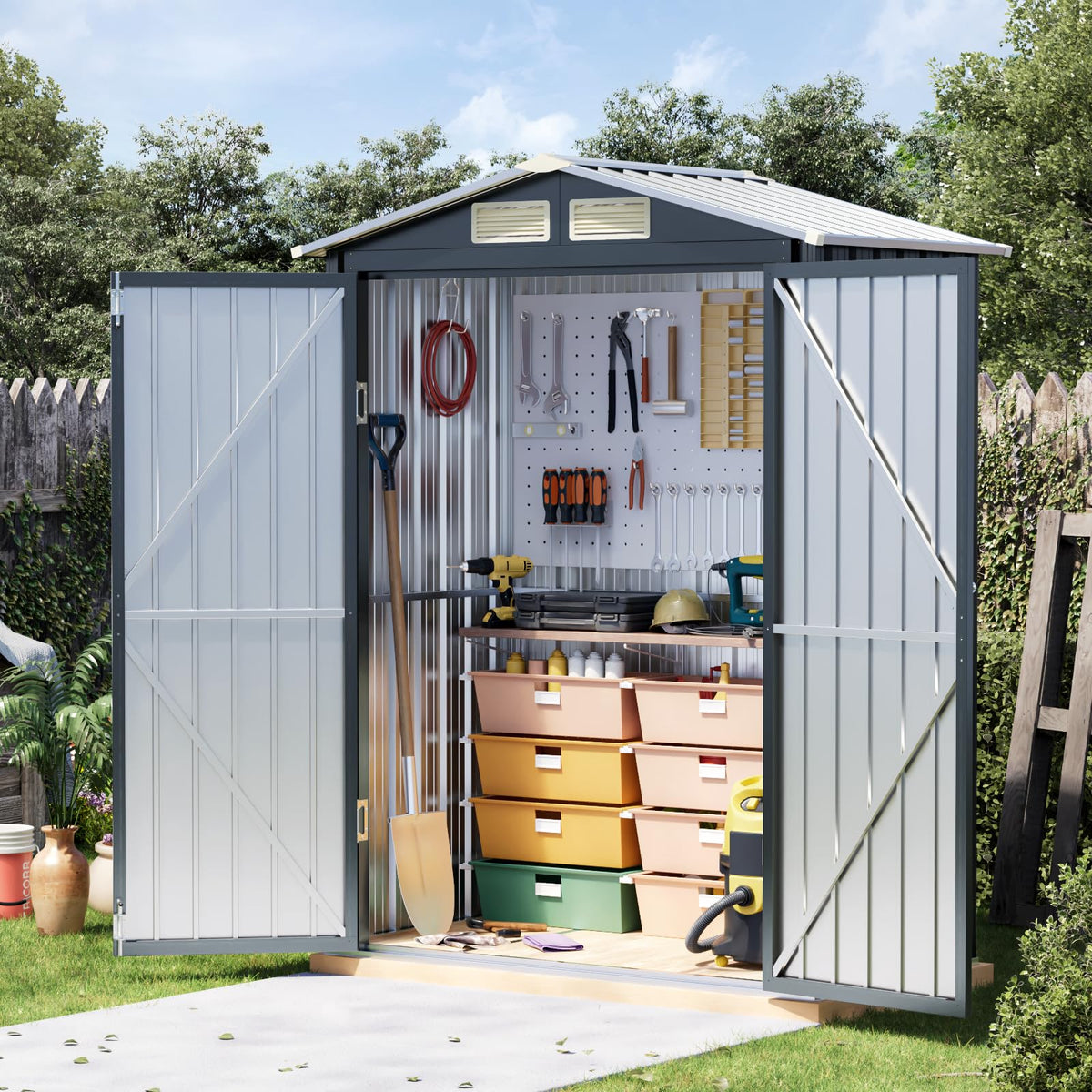 10x10 FT Outdoor Metal Storage Shed, Double Swing Doors, 2 Clear Windows,Tool Shed for Garden, Patio, Backyard Nightblue