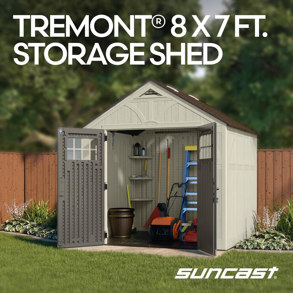 Suncast 8x7 Ft. Outdoor Storage Shed - Large Resin Shed with Floor, Lockable Double Doors, & Skylights. 378 Cu Ft Tremont Garden Sheds & Outdoor