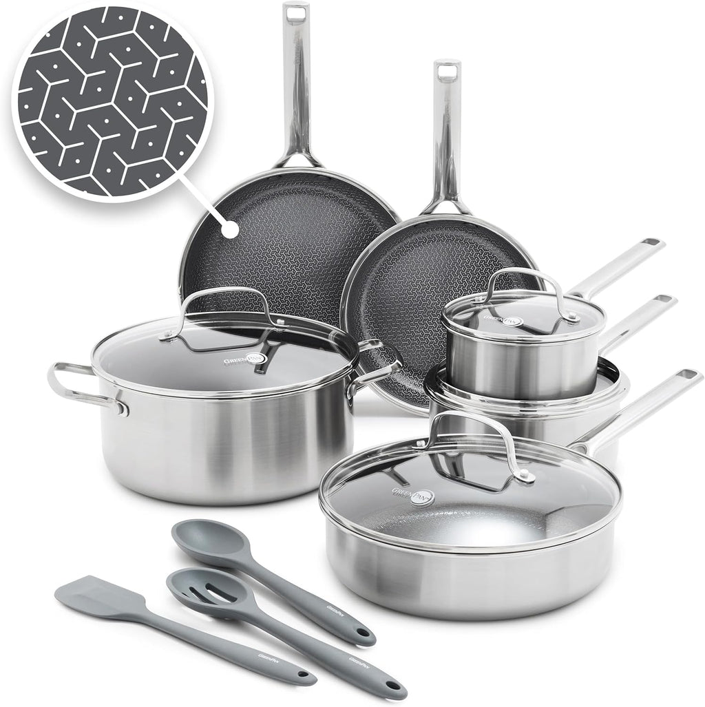 GreenPan Hybrid 13 Piece Nonstick Stainless Steel Cookware Set, APEX Tri-Ply Thermobond PFAS-Free Ceramic Pots & Pans, Induction & All Cooktop