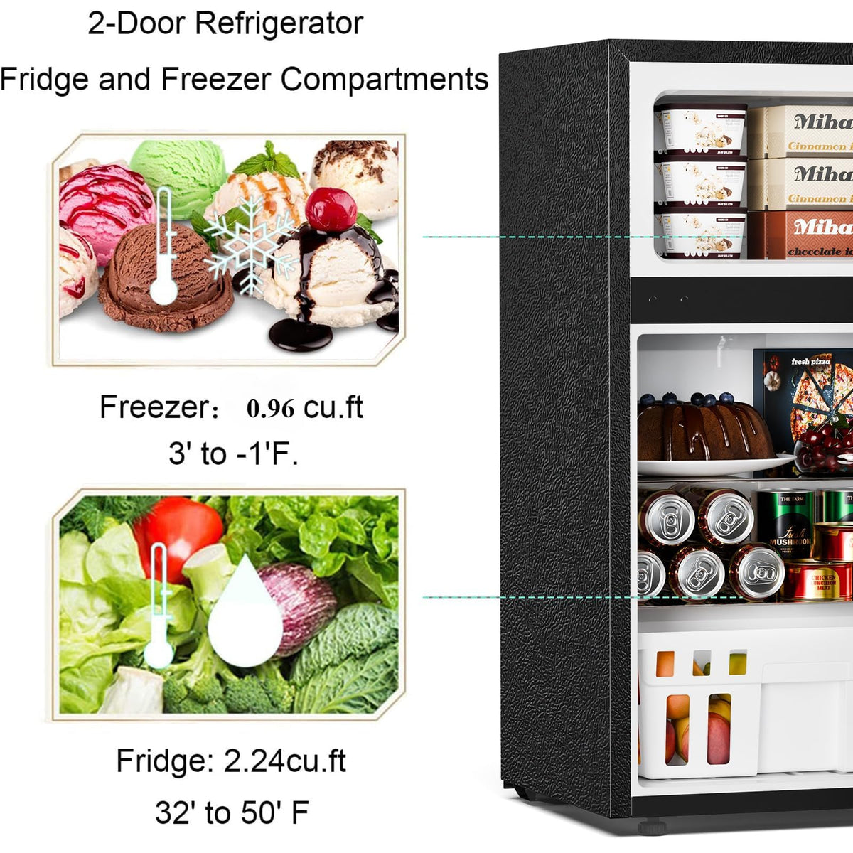 Antarctic Star Compact Refrigerator,3.2 Cu.Ft. Mini Separate Freezer Double 2-Door,Adjustable Removable Shelves for Basement,Apartment,Dorm,Office