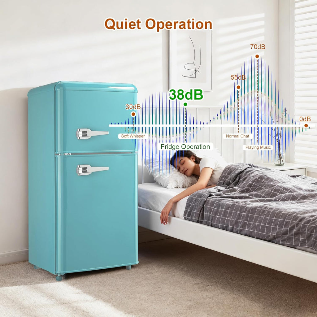 Retro Mini Fridge with Freezer 4.0 Cu. Ft, Small Refrigerator with 7 Level Adjustable Thermostat, Compact Classic Dual Door Fridge Removable Glass