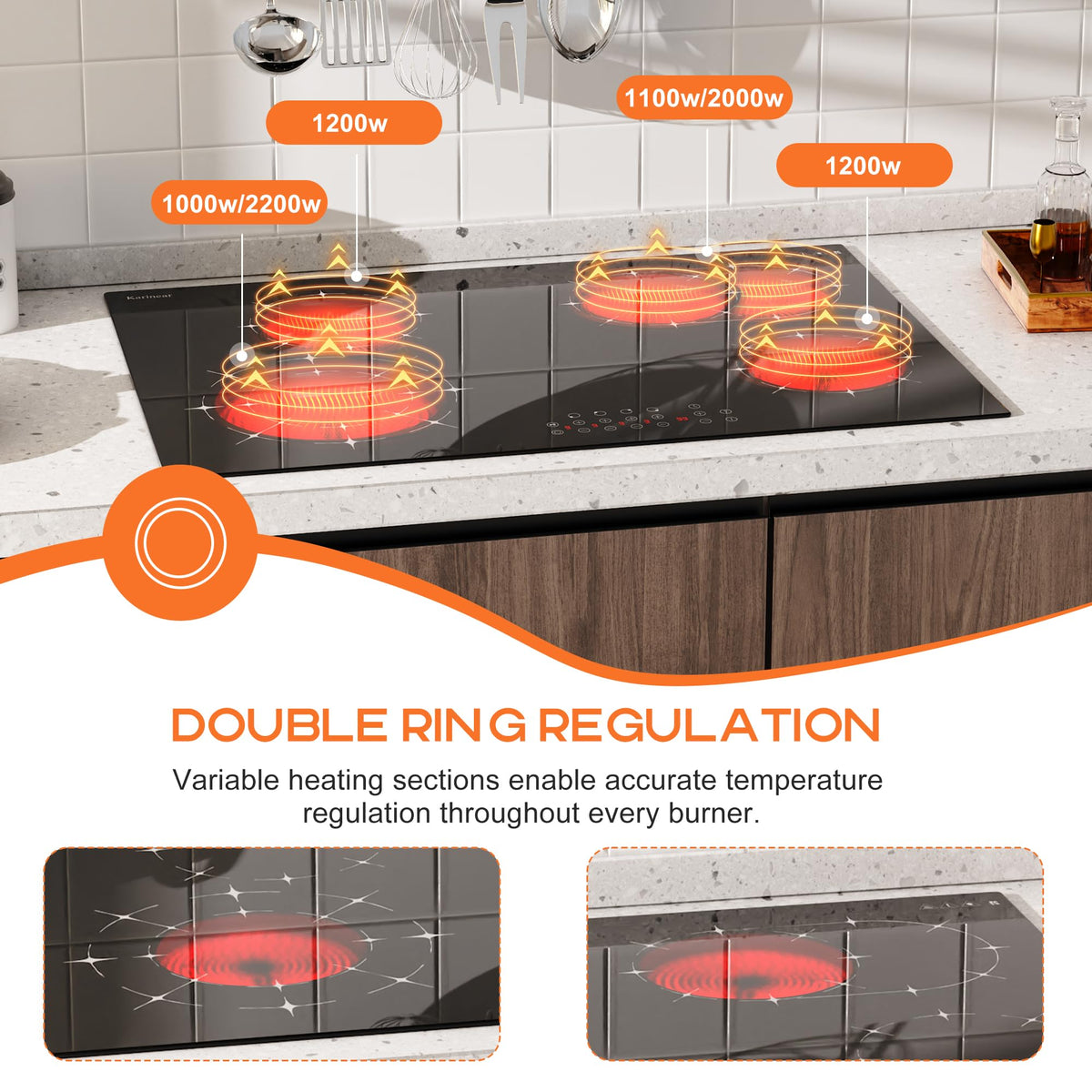 Karinear Electric Cooktop 30 Inch, 5 Burners Electric Stove 30 Inch Electri Ceramic Cooktop, 9 Power Level, Pause, Timer, Child Safety Lock, Triple