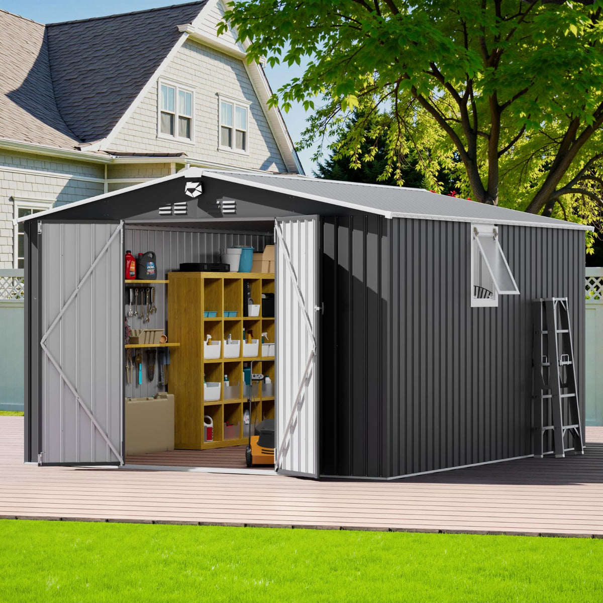 10x12 FT Outdoor Storage Shed, Metal Garden Shed - Tool Storage Sheds with Lockable Doors & 1 Clear Window, Waterproof Outside Storage Building for