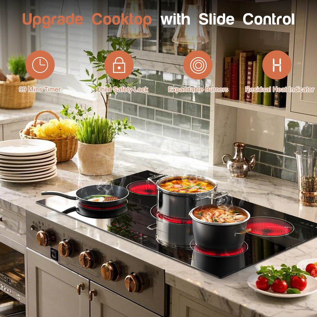 Karinear Electric Cooktop 30 Inch, 5 Burners Electric Stove 30 Inch Electri Ceramic Cooktop, 9 Power Level, Pause, Timer, Child Safety Lock, Triple