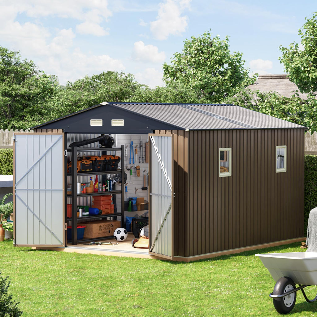10x10 FT Outdoor Metal Storage Shed, Double Swing Doors, 2 Clear Windows,Tool Shed for Garden, Patio, Backyard Nightblue