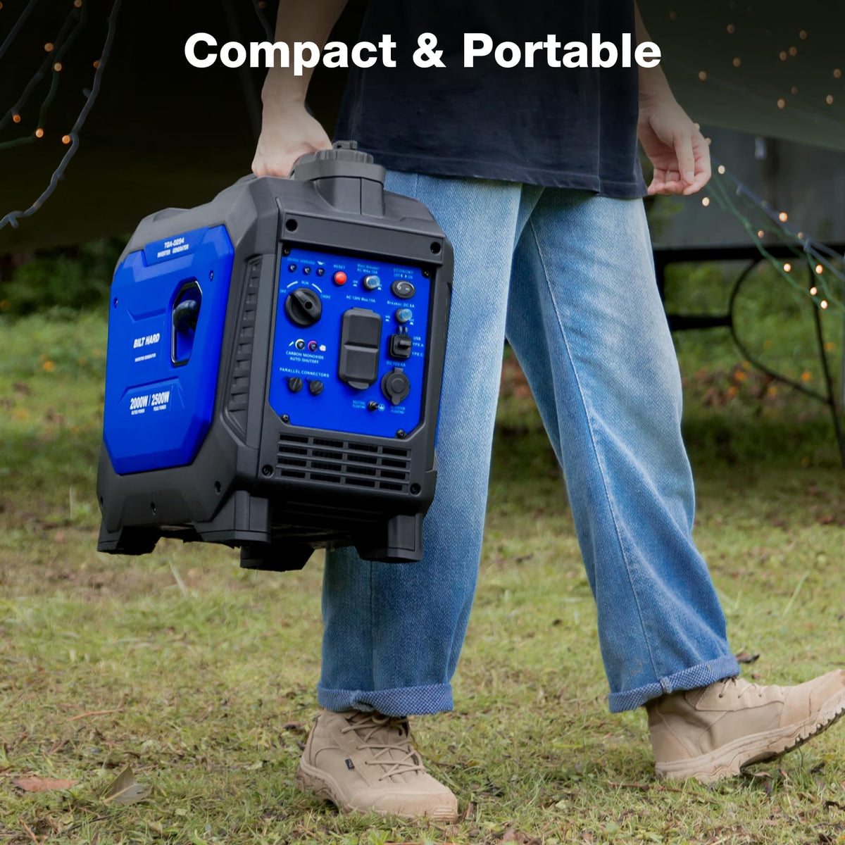 BILT HARD Gas Generator 2500W, 80cc 4 Stroke Quiet Inverter Generator with CO Sensor, Parallel Ready,120V AC Duplex Receptacle and 12V DC Output