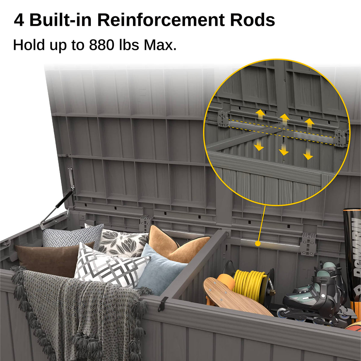 EAST OAK Outdoor Storage Box, 120 Gallon Deck Box with Stainless Steel Rods Large Resin Storage Bin for Patio Cushions, Garden Tools, Waterproof and