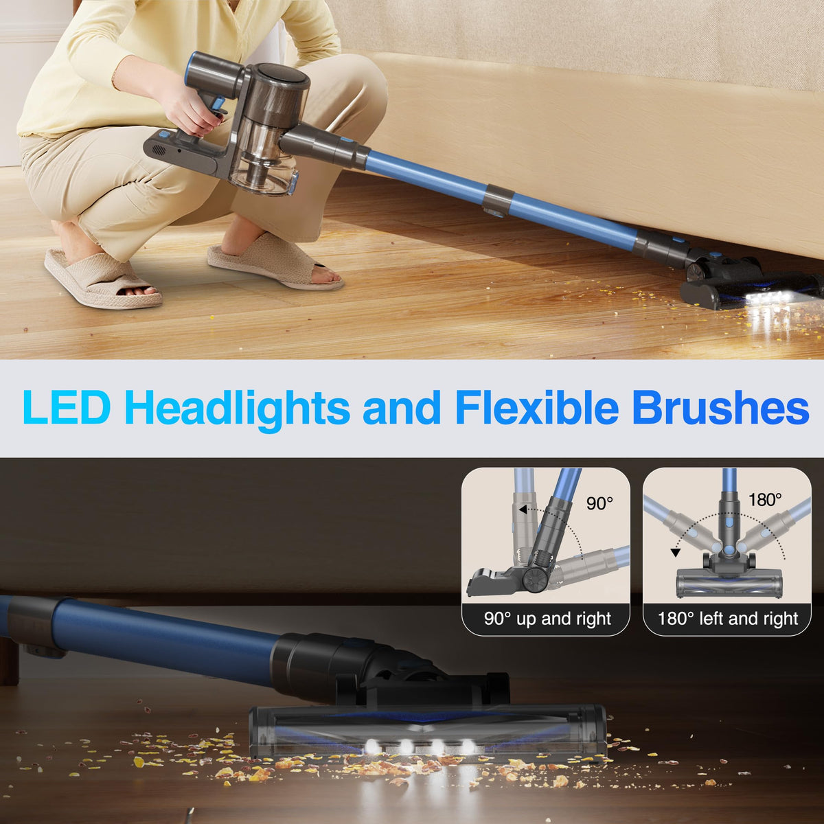 Zefiro Cordless Vacuum Cleaner for Home,45Mins Runtime Stick Vacuum Cleaners, Anti-Tangle and 1.5L Dust Cup, Lightweight Vacuum for Hardwood Floor