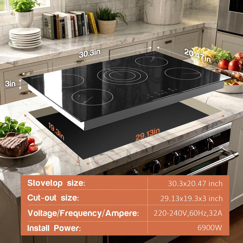 Karinear Electric Cooktop 30 Inch, 5 Burners Electric Stove 30 Inch Electri Ceramic Cooktop, 9 Power Level, Pause, Timer, Child Safety Lock, Triple