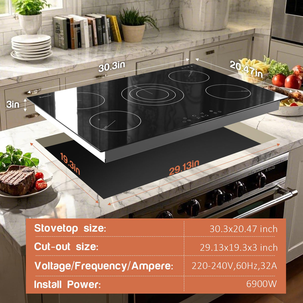 Karinear Electric Cooktop 30 Inch, 5 Burners Electric Stove 30 Inch Electri Ceramic Cooktop, 9 Power Level, Pause, Timer, Child Safety Lock, Triple