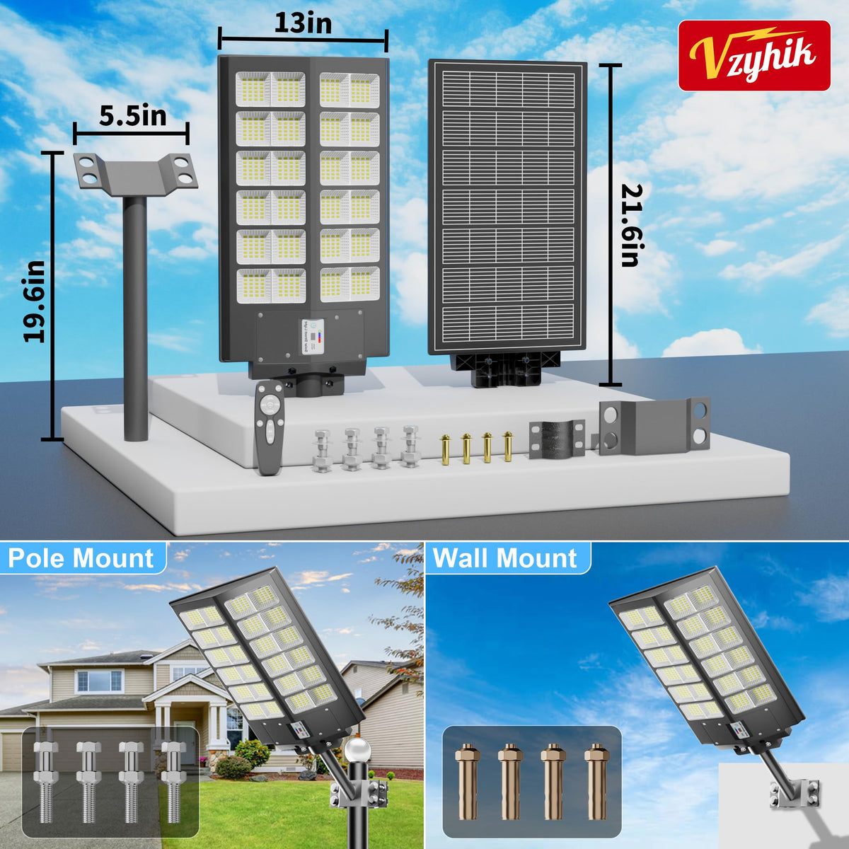 Solar Street Lights Outdoor Waterproof Dusk to Dawn, Large 9000W Outdoor Floodlight LED Motion Sensor, 7000K Wide Angle Parking Lot Flood Lamp Remote