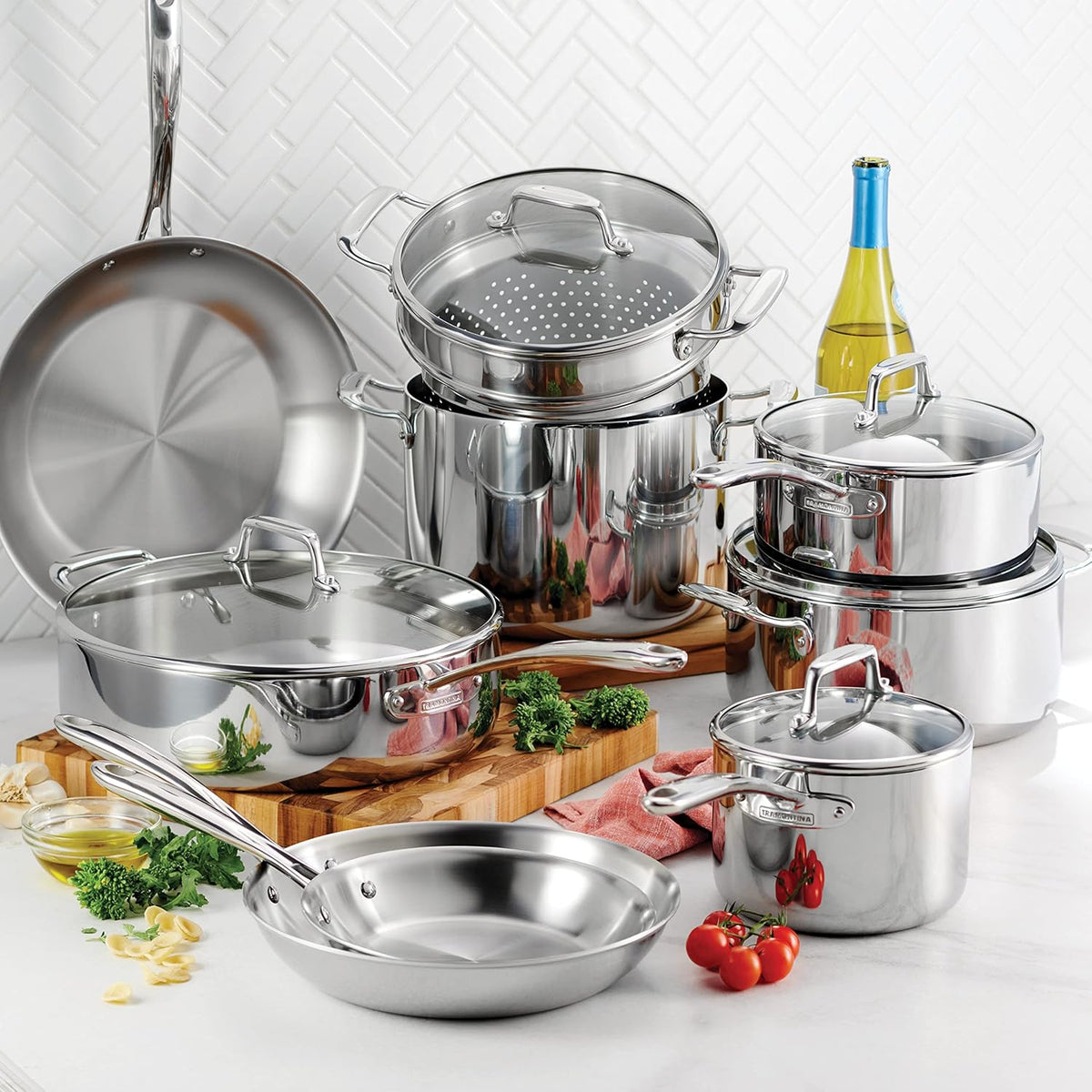 Tramontina Tri-Ply Clad Stainless Steel 14-Piece Cookware Set with Glass Lids, Pots and Pans Kitchen Set, Induction-Ready, Dishwasher-Safe, NSF