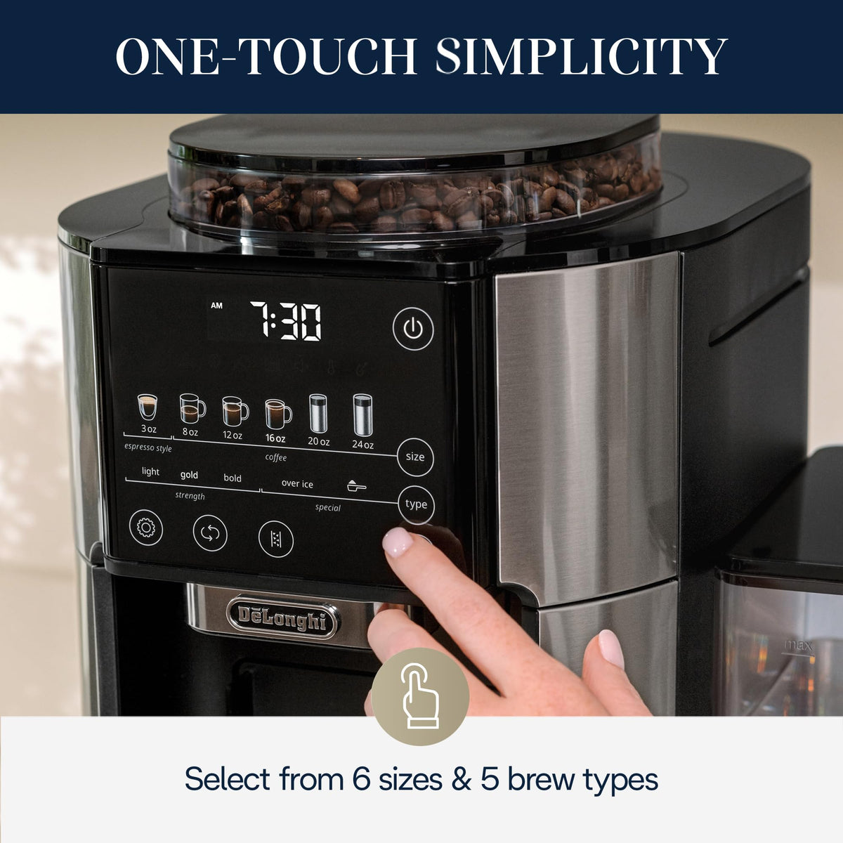 De'Longhi True Brew Drip Coffee Maker, Built in Grinder, Single Serve, 8 oz to 24 oz, Hot or Iced Coffee, Stainless, CAM51025MB