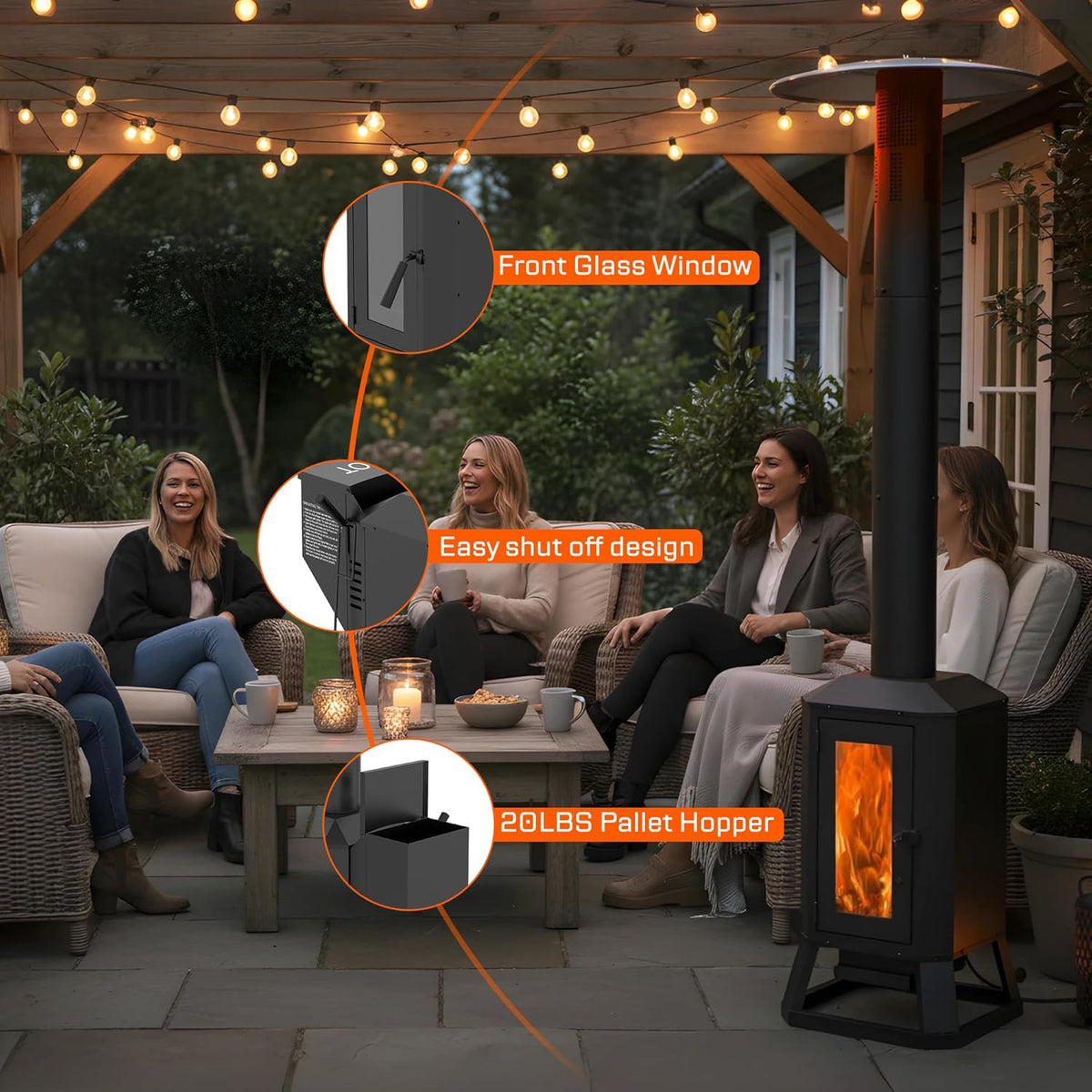 70,000 BTU Wood Pellet Outdoor Patio Heater with Glass Viewing Window C Pellet Heaters for Outdoor Use, Home, Gardens & Commercial - Portable with