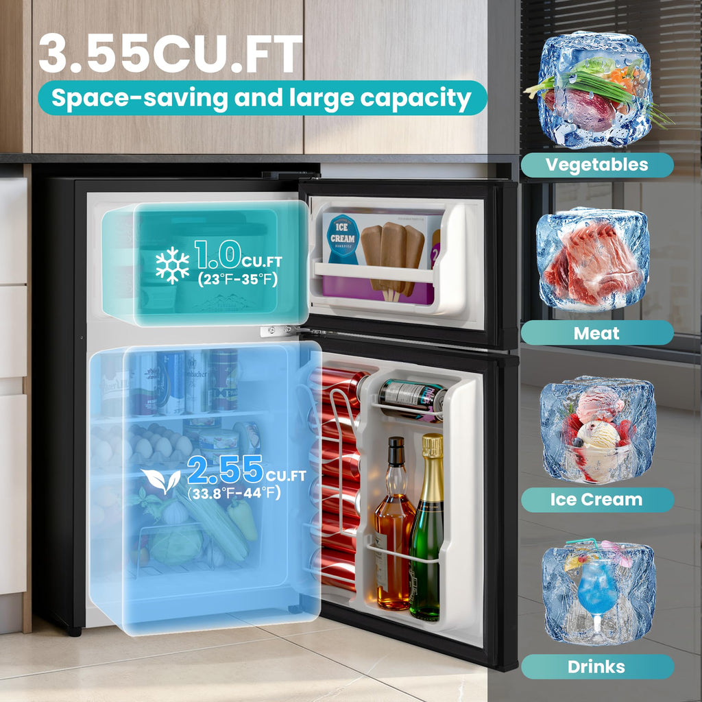 Double Door Refrigerator with Freezer, 3.5 Cu.Ft, Small Fridge with Freezer, 7 Settings Temperature Adjustable, Mini Refrigerator for Office Dorm