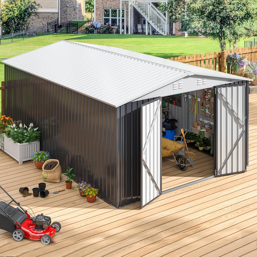 Polar Aurora 12x14 FT Outdoor Storage Shed, Garden Shed with Updated Frame Structure and Lockable Doors, Metal Tool Sheds for Backyard Garden Patio