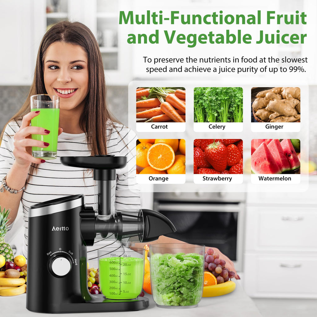 Juicer Machines, Aeitto Cold Press Juicer with Soft & Hard Modes, Quiet Motor, Reverse Function, Juice Extractor Vegetable and Fruit, Masticating