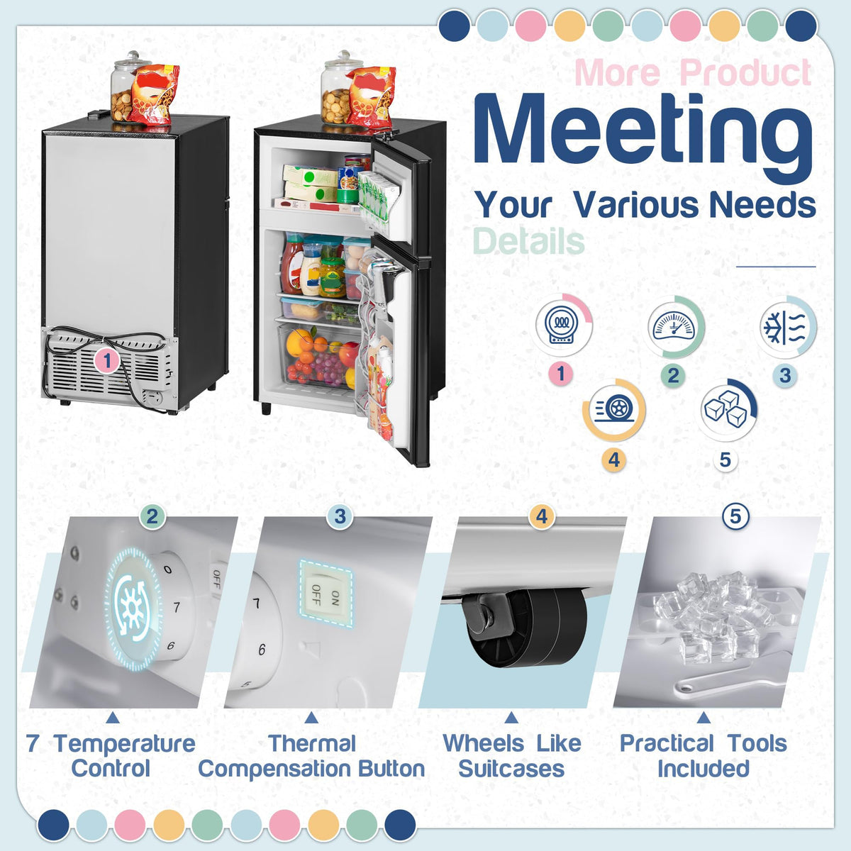 Double Door Refrigerator with Freezer, 3.5 Cu.Ft, Small Fridge with Freezer, 7 Settings Temperature Adjustable, Mini Refrigerator for Office Dorm