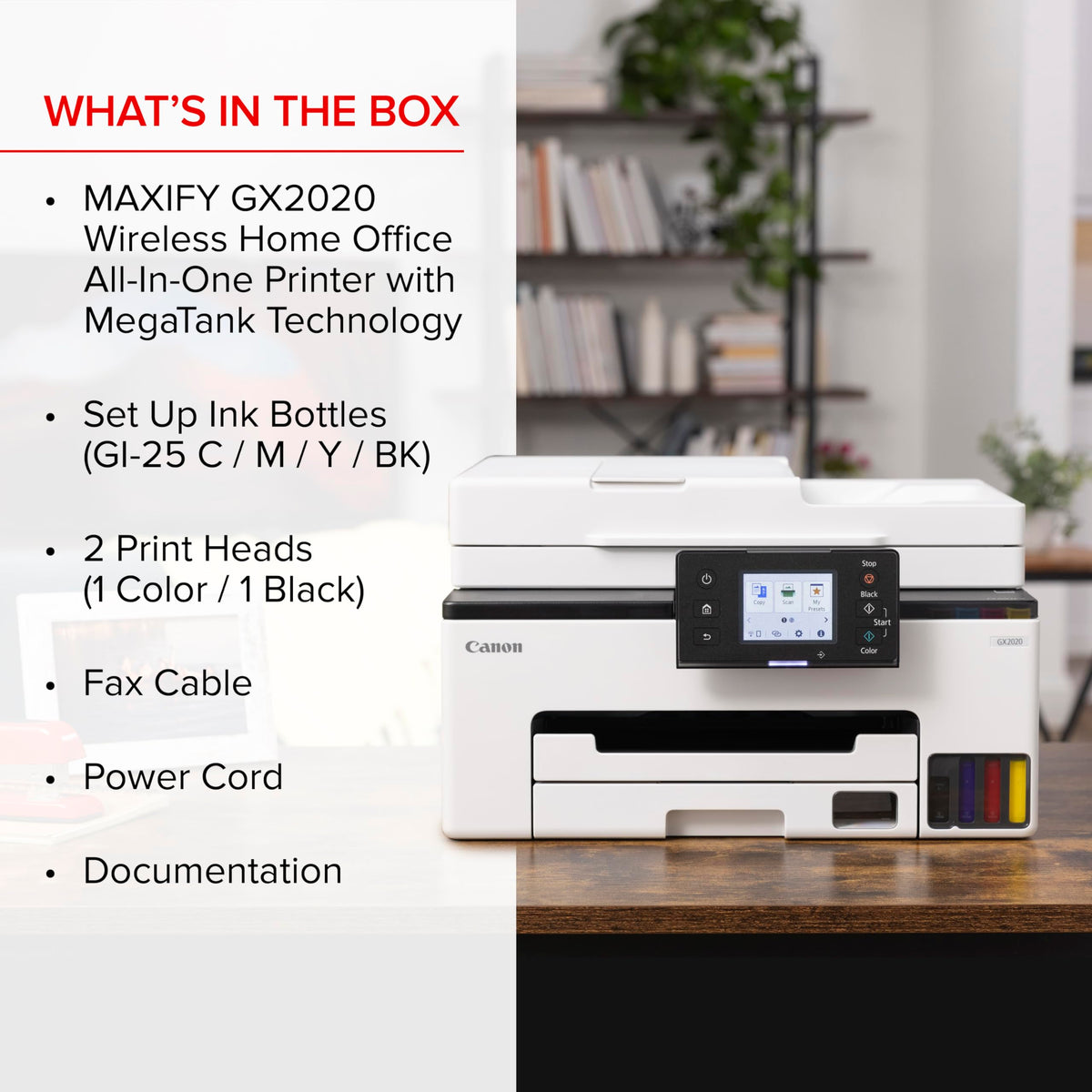 Canon MegaTank MAXIFY GX2020 All-in-One Wireless Color Printer C Print, Copy, Scan with Duplex Printing C Refillable Tank System, Compact Desktop