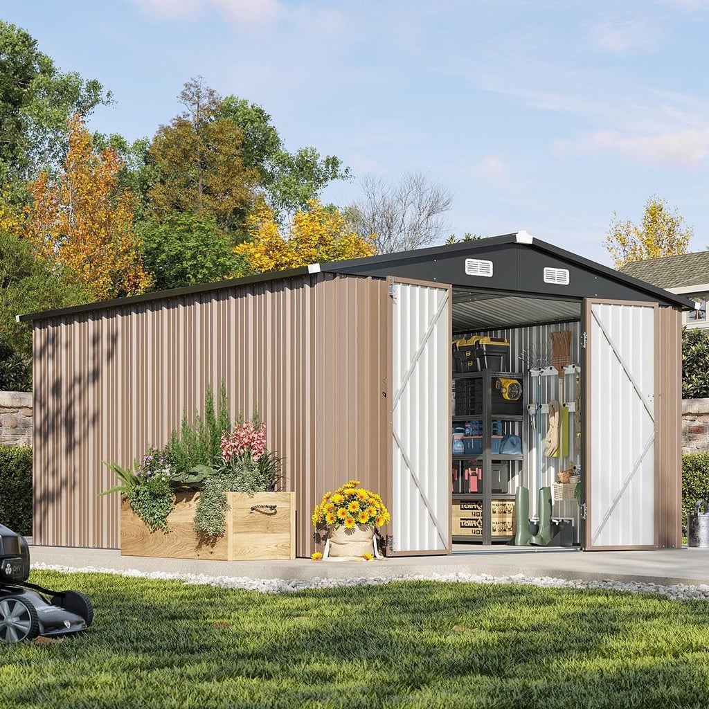 Aoxun 10 x 12FT Outdoor Storage Shed with Double Hinged Large Door Utility Garden Shed with Lockable Door & Sloped Roof Metal Sheds Outdoor Storage
