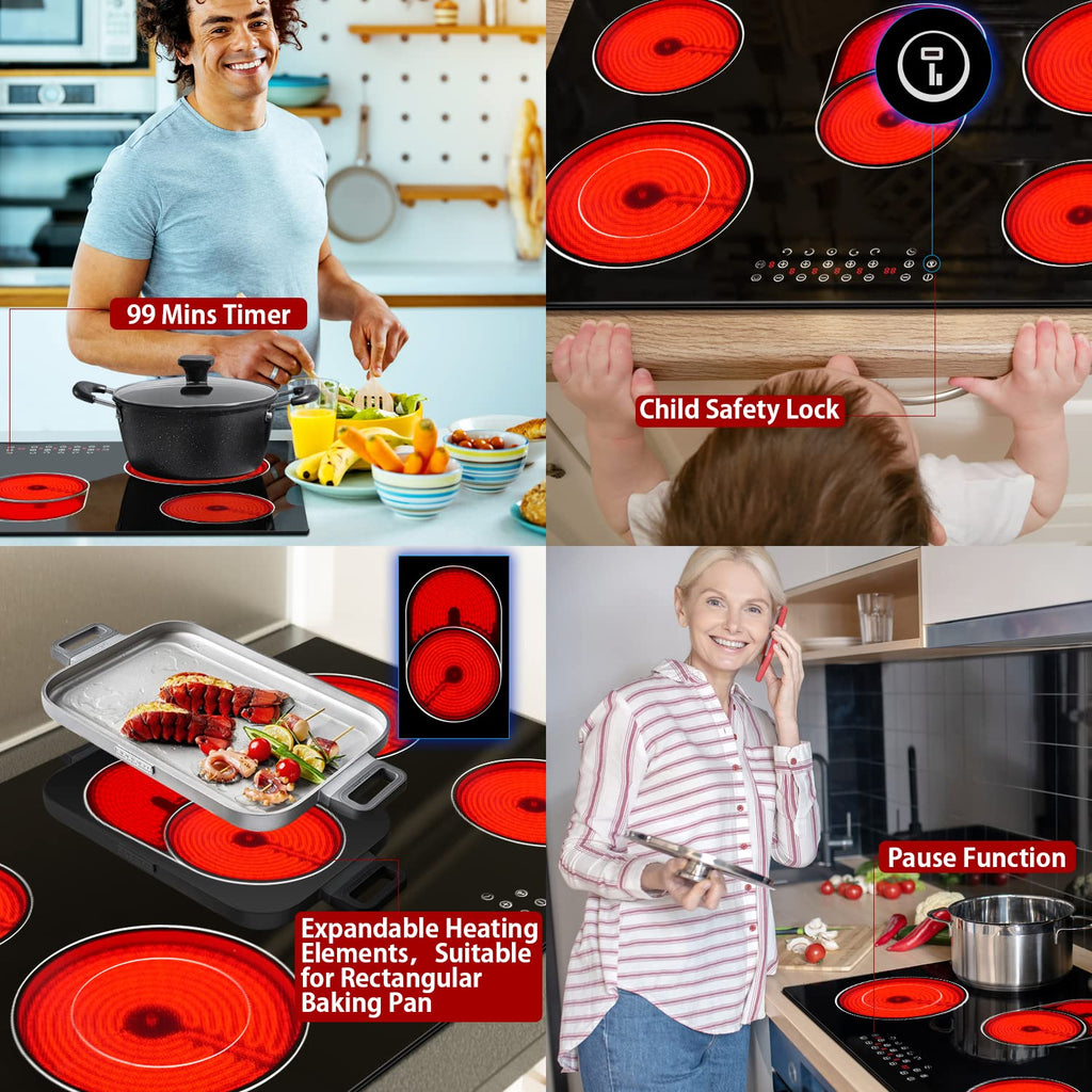 Noxton Electric Cooktop 30 Inch 5 Burners Electric Stove Top, Built-in Radiant Ceramic Cooktop with Sensor Touch Control, Child Safety Lock, Timer