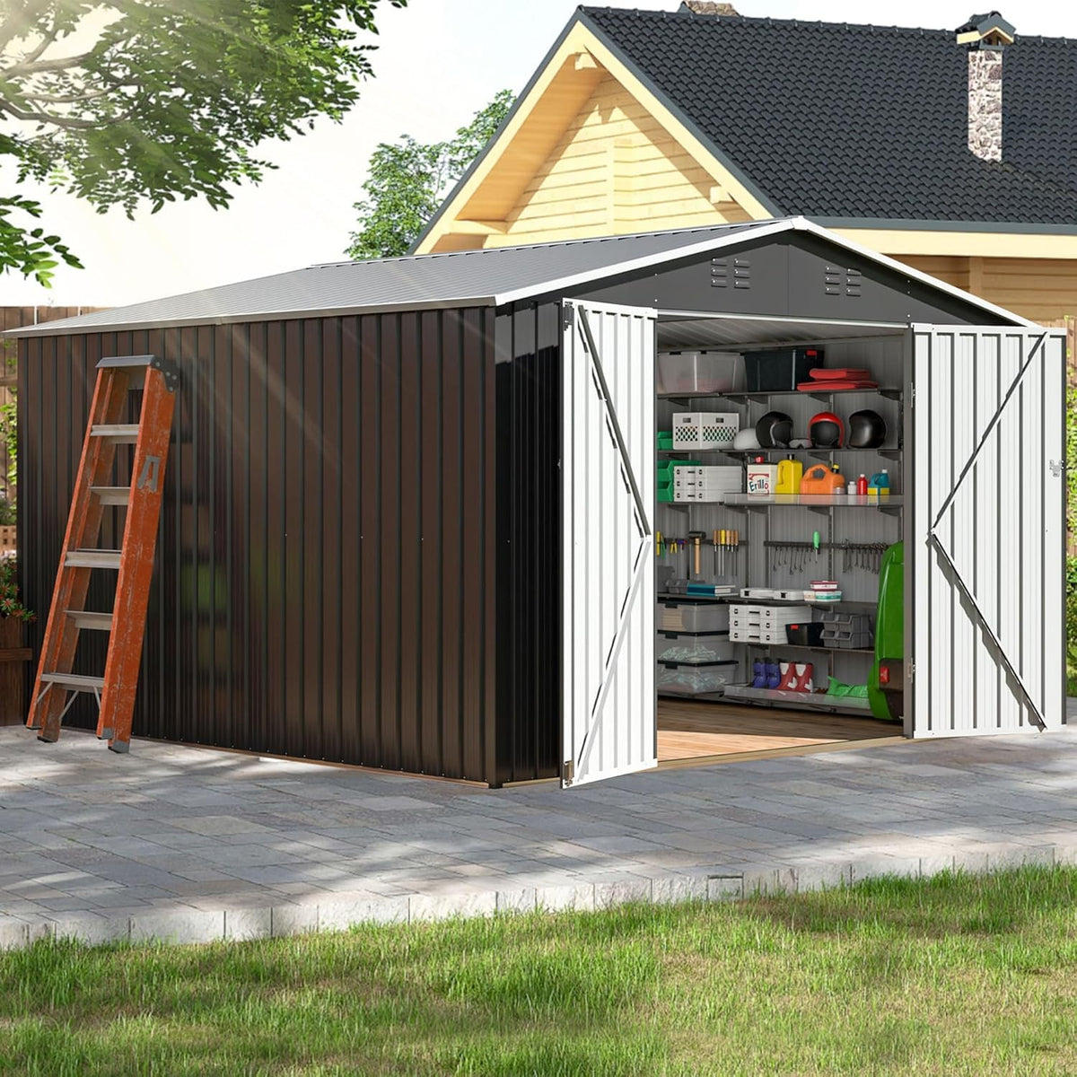 Polar Aurora 12x14 FT Outdoor Storage Shed, Garden Shed with Updated Frame Structure and Lockable Doors, Metal Tool Sheds for Backyard Garden Patio