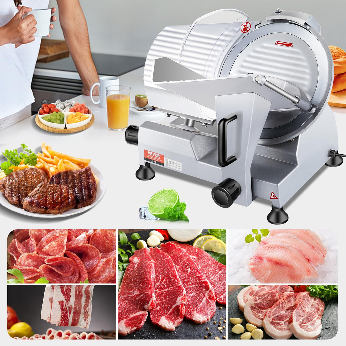 VEVOR Commercial Meat Slicer, 10 inch Electric Food Slicer, 240W Frozen Meat Deli Slicer, Premium Chromium-plated Steel Blade Semi-Auto Meat Slicer